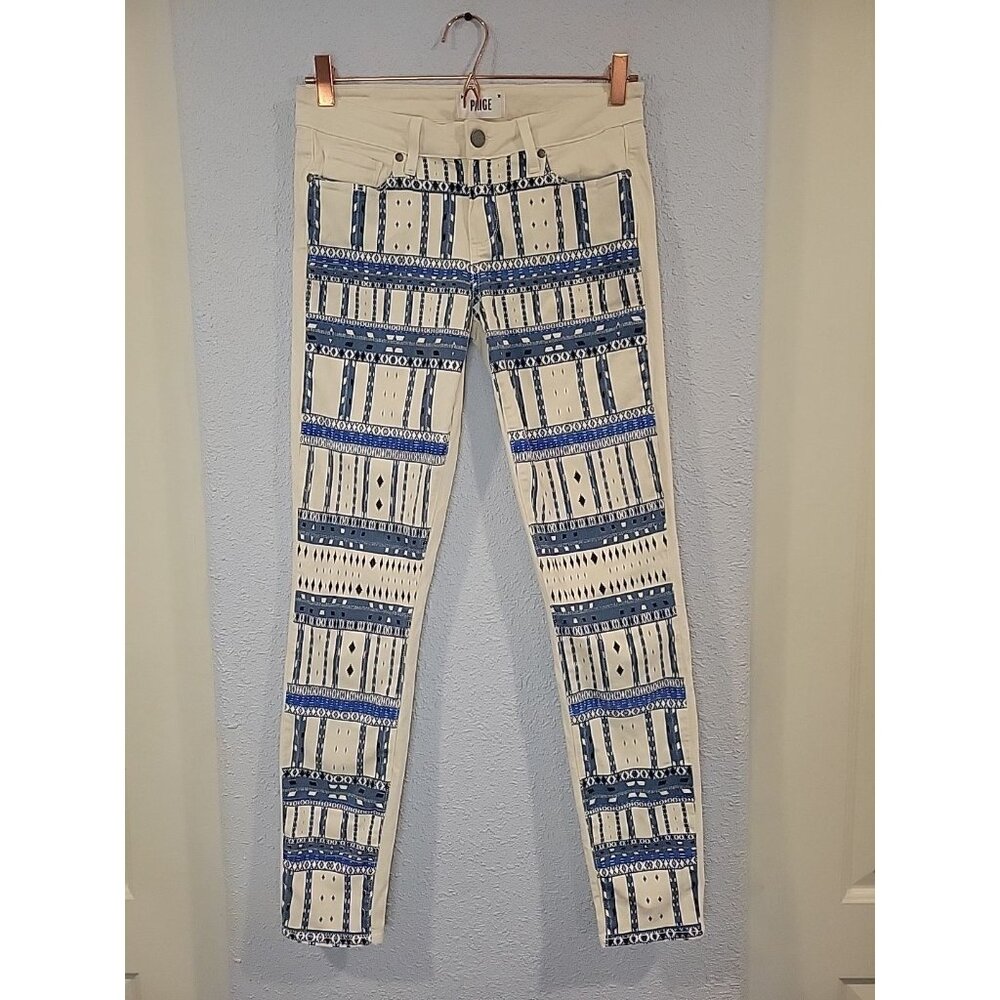 Paige Emily Ultra Skinny Ivory White‎ Blue Ikat Print Western Jeans Size 28